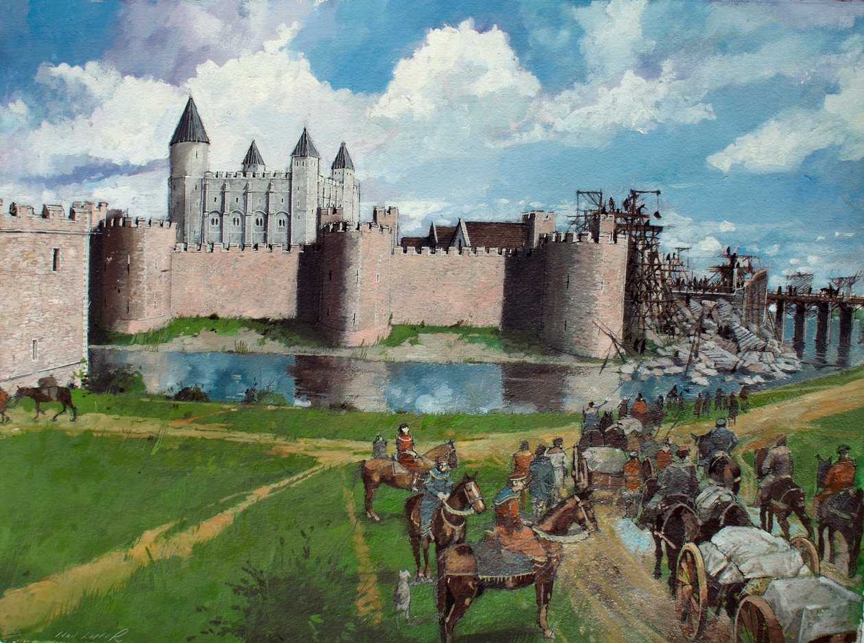 Zrekonstruowany widok Tower of London z północnego zachodu, ukazujący zawaloną bramę króla Henryka III w 1300 r. autorstwa Ivan Lapper