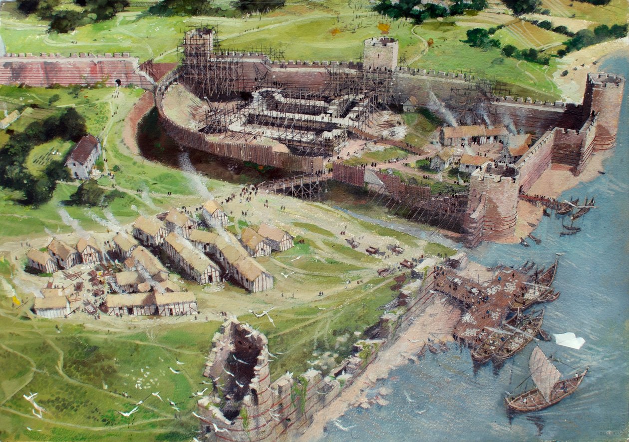 Zrekonstruowany widok Tower of London z południowego zachodu, tak jak mogła ona wyglądać w latach 70. lub 1080, gdy Biała Wieża była na wczesnym etapie budowy. autorstwa Ivan Lapper