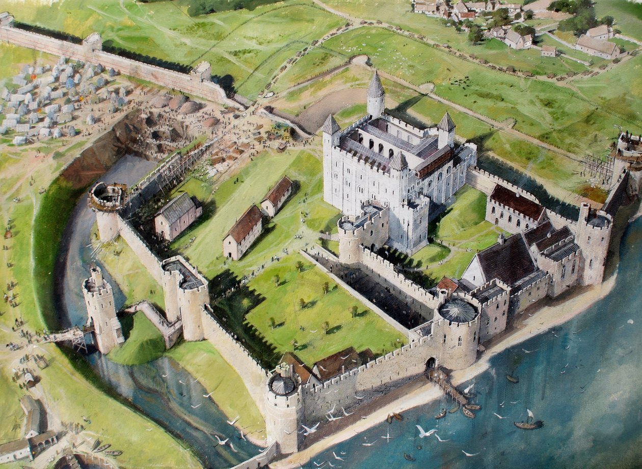 Zrekonstruowany widok Tower of London z południowego zachodu w około 1240 r. autorstwa Ivan Lapper