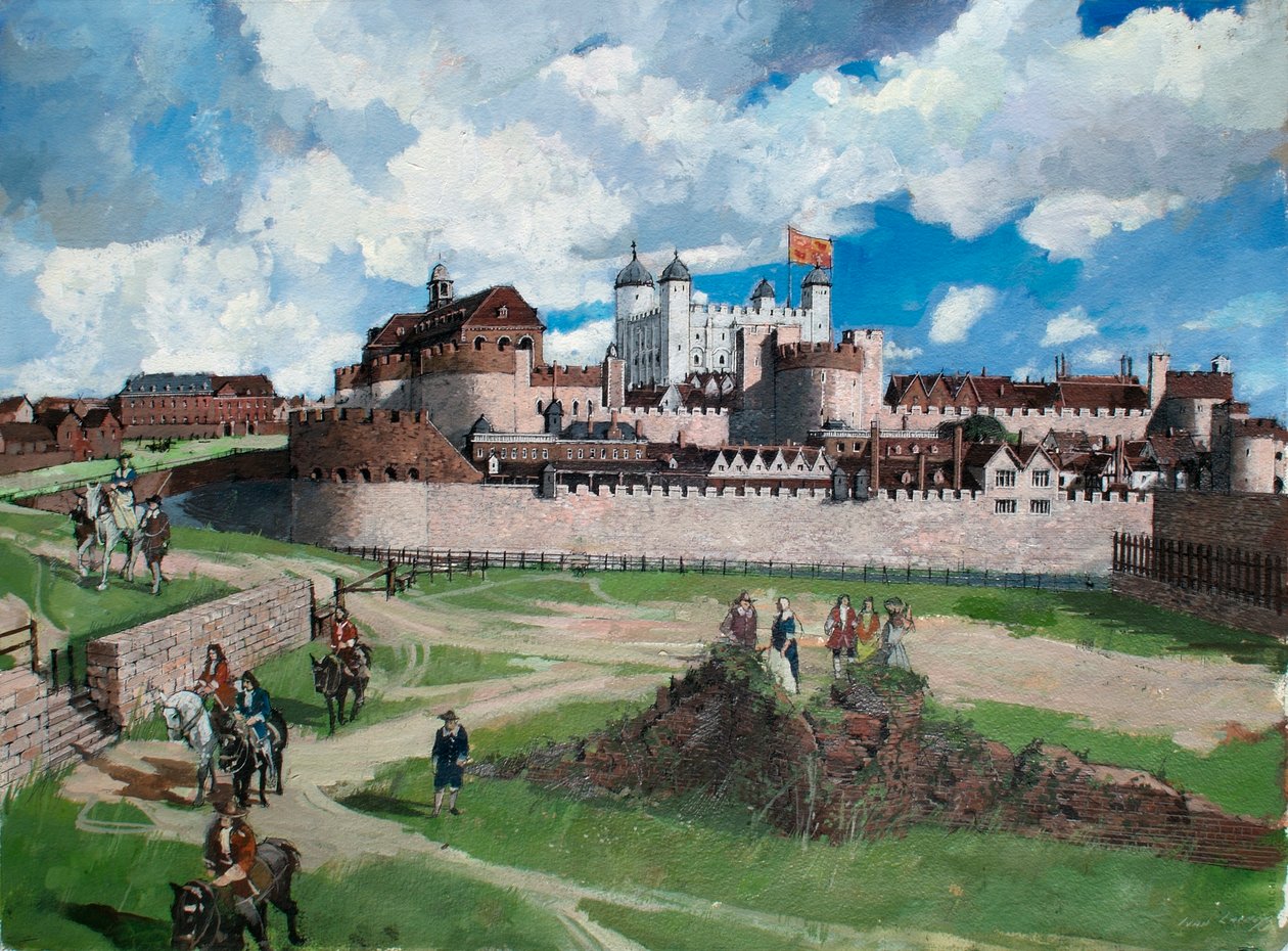 Zrekonstruowany widok Tower of London od zachodu w ok. 1700 r. autorstwa Ivan Lapper