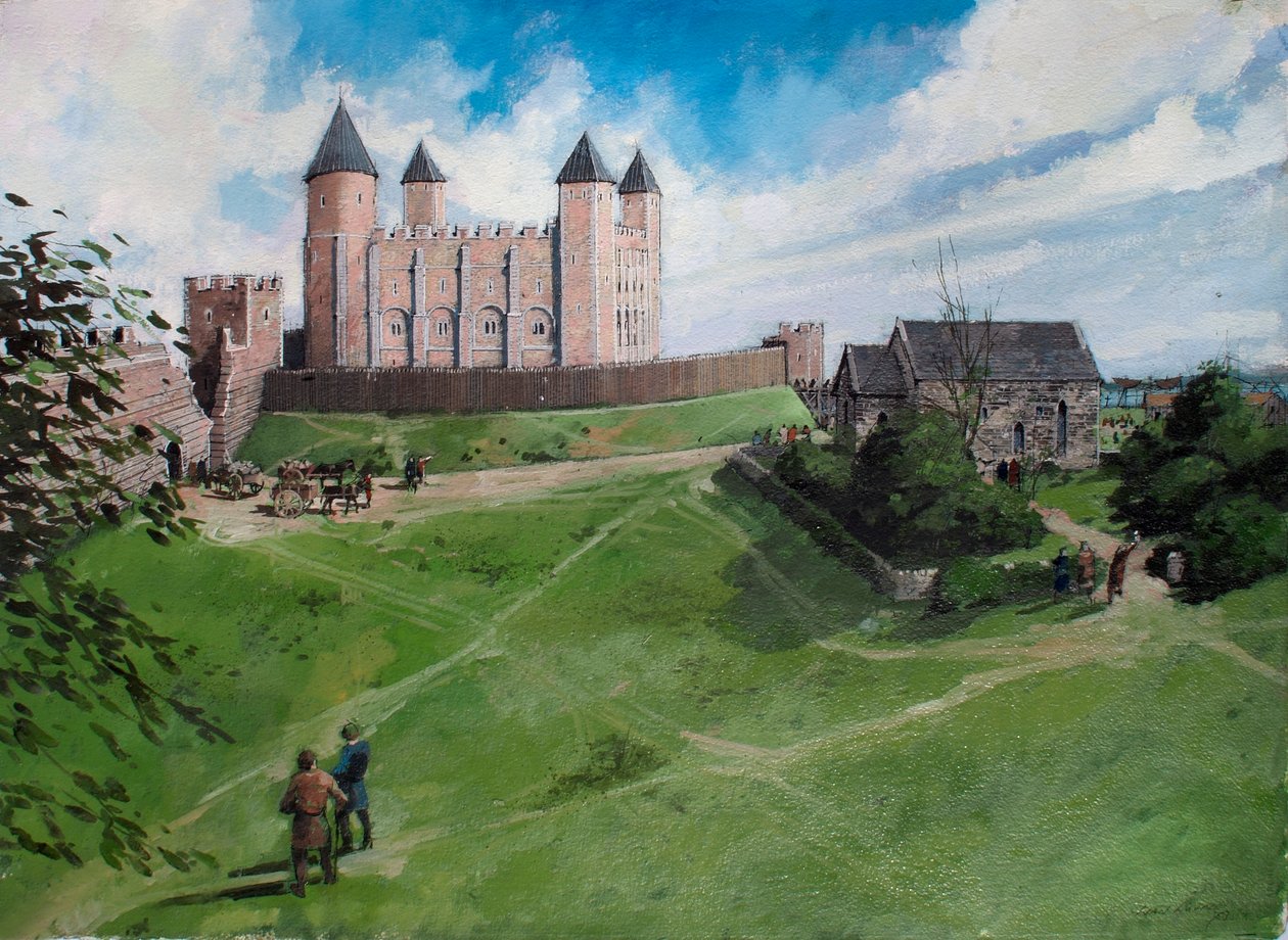 Zrekonstruowany widok Tower of London z ok. 1100 r. autorstwa Ivan Lapper