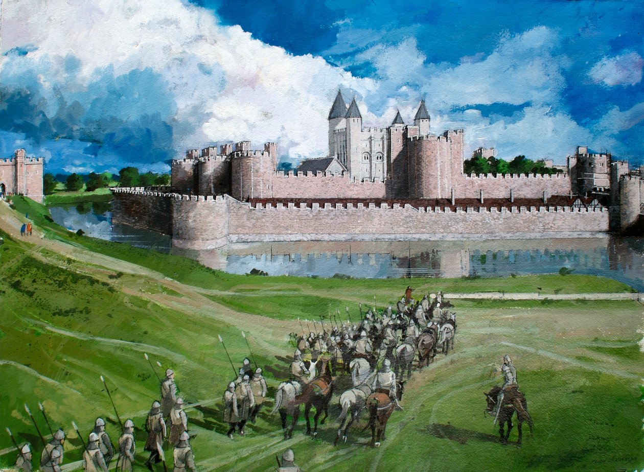 Zrekonstruowany widok Tower of London, przedstawiający ukończony przez króla Edwarda I zewnętrzny mur kurtynowy w 1300 r. autorstwa Ivan Lapper