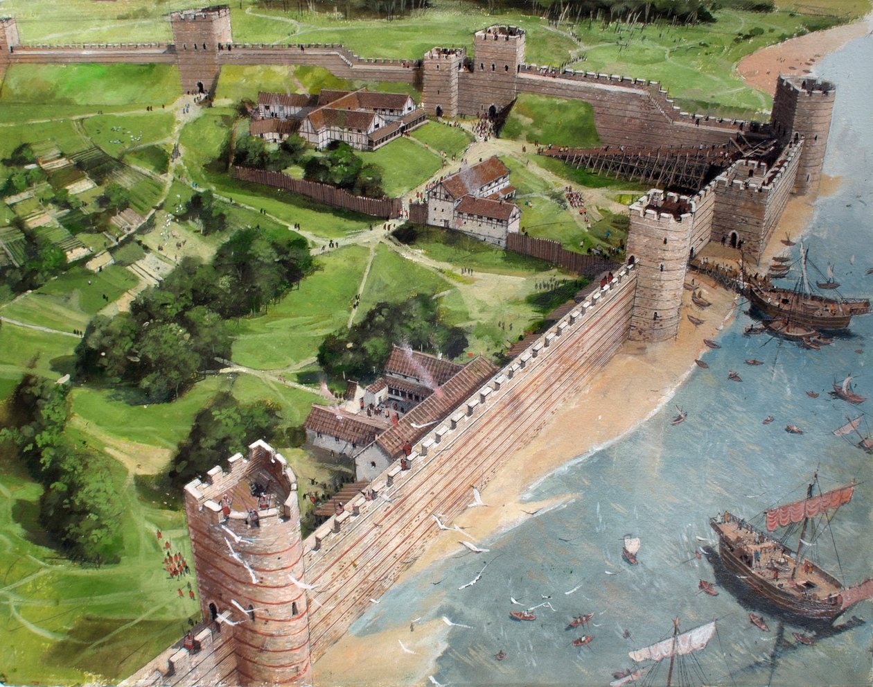 Zrekonstruowany widok południowo-wschodniego narożnika rzymskiego Londynu i przyszłej lokalizacji Tower of London, tak jak mogło to wyglądać około 400 r. n.e. autorstwa Ivan Lapper