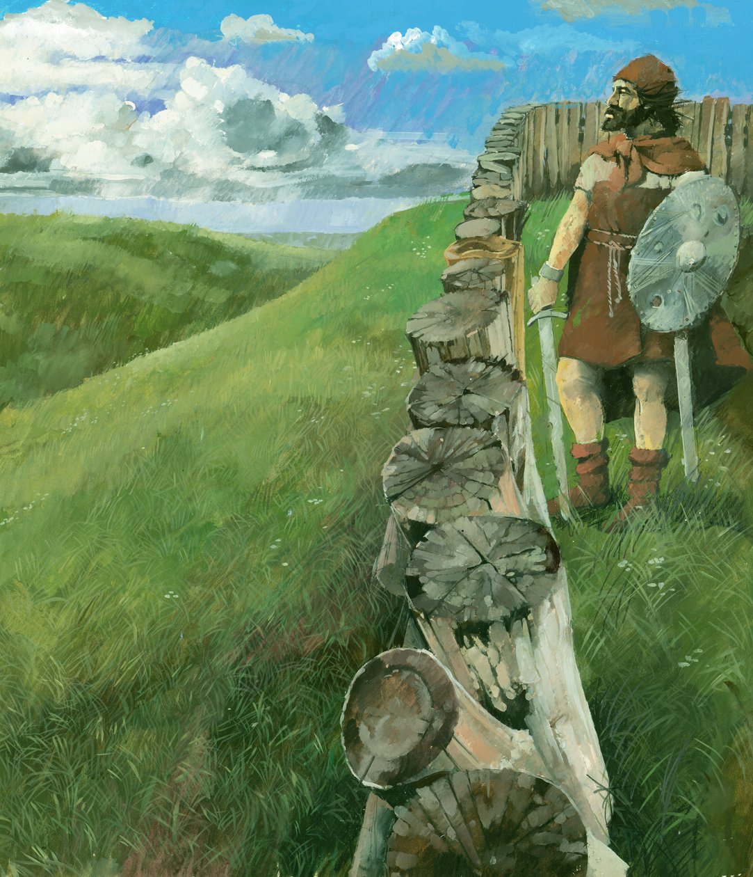 Rysunek rekonstrukcyjny przedstawiający mężczyznę z epoki żelaza stojącego obok drewnianego ogrodzenia palisadowego na szczycie Liddington Castle Hillfort, Swindon, Wielka Brytania autorstwa Ivan Lapper