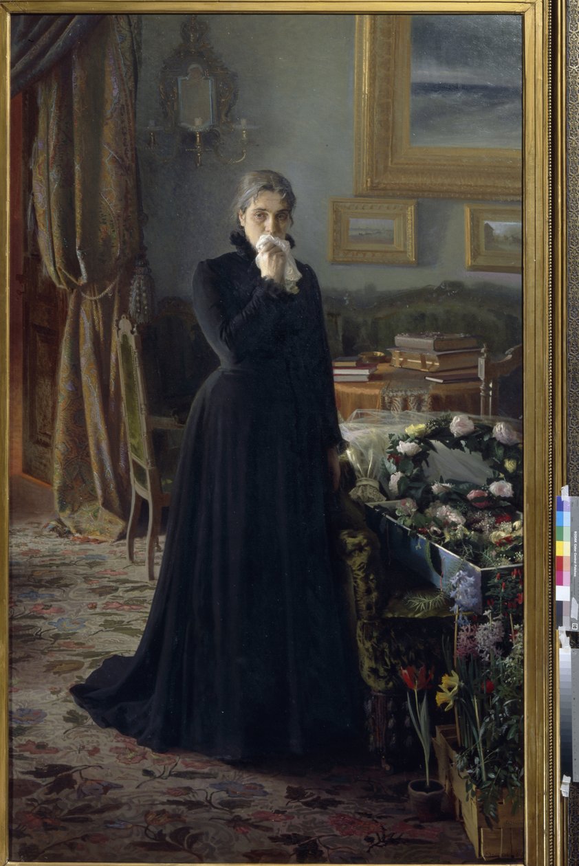 Niepocieszony żal (kobieta w żałobie, stojąca przy trumnie pokrytej wieńcami kwiatów)(Niepocieszony żal) - Obraz Ivan Nikolayevich Kramskoi (1837-1887), olej na płótnie (228x141 cm) autorstwa Ivan Nikolaevich Kramskoy