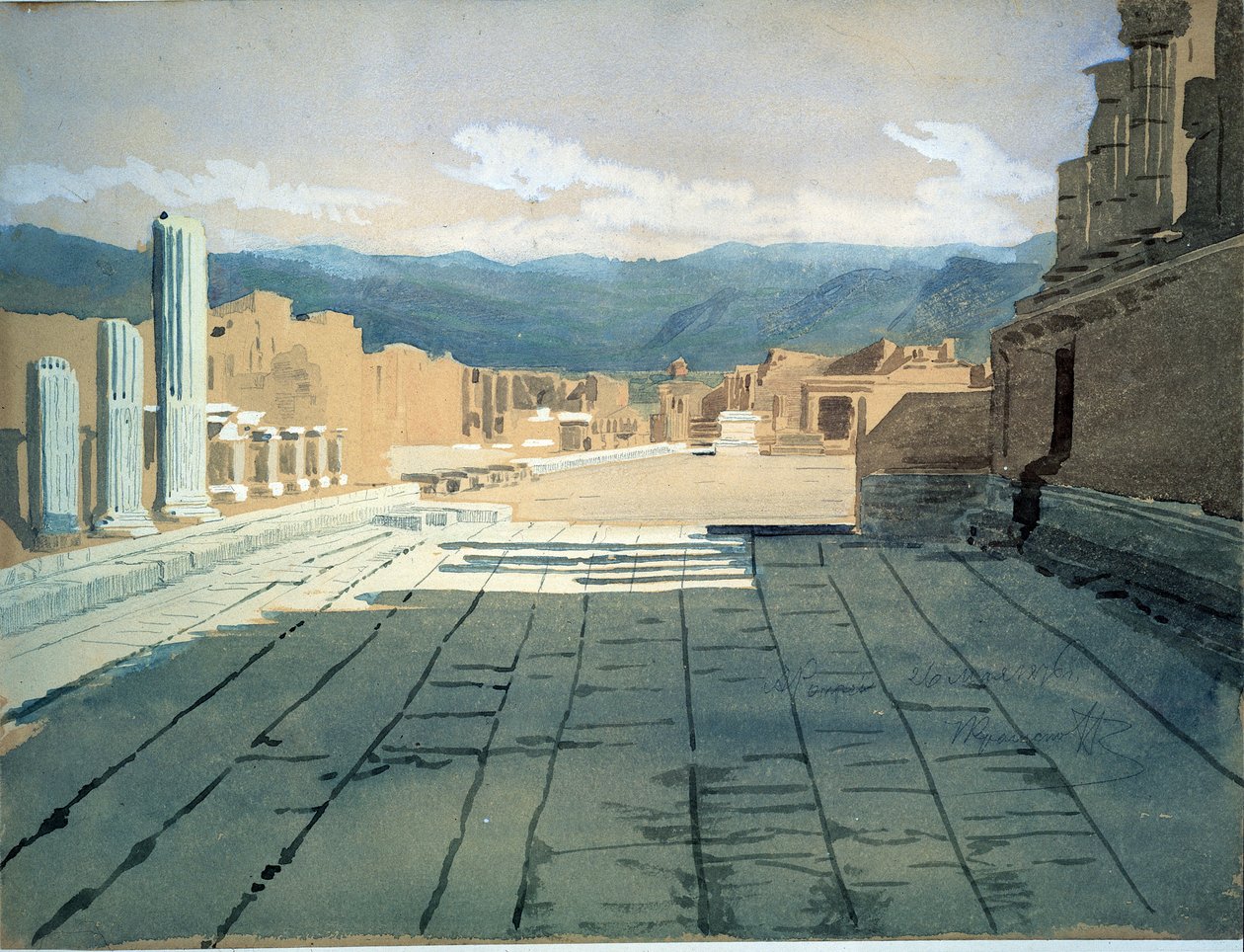 Pompeje (Włochy) (Pompeje). Widoki forum ruin rzymskich w Zatoce Neapolitańskiej, przed Wezuwiuszem. Praca Iwana Nikołajewicza Kramskoja (1837-1887), akwarela na papierze autorstwa Ivan Nikolaevich Kramskoy