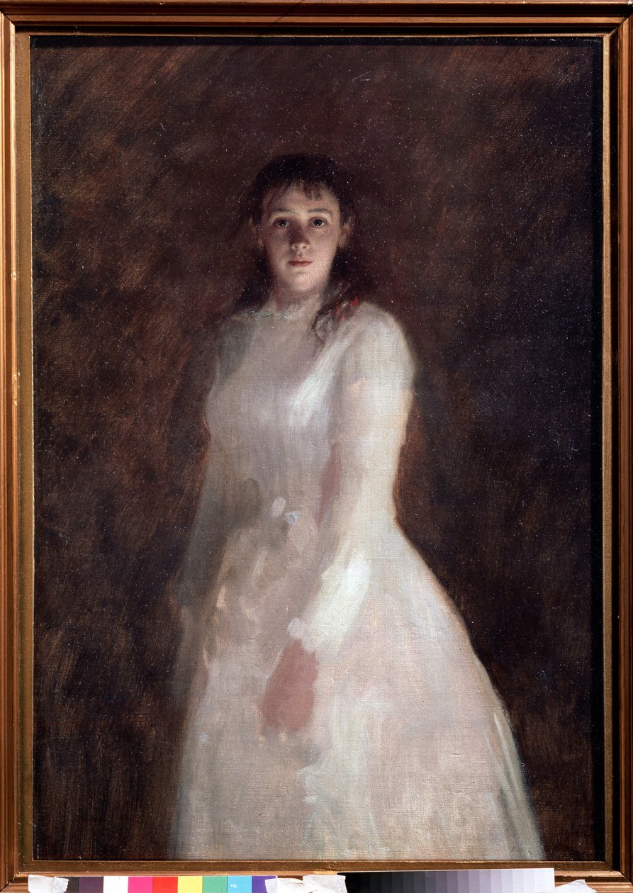 Portret młodej damy (Portret młodej damy). (ubrana w długą białą sukienkę). Obraz Iwana Nikołajewicza Kramskoja (1837-1887), olej na płótnie. Sztuka rosyjska autorstwa Ivan Nikolaevich Kramskoy