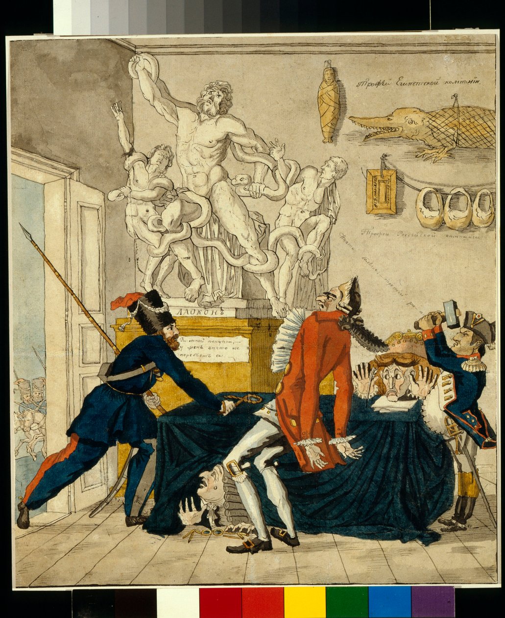 Napoleon Bonaparte (1769-1821) sprzedaje skradzione towary, w tym grupę Laokoona - Karykatura Iwana Iwanowicza Terebeniewa (1780-1815), tusz i akwarela na papierze autorstwa Ivan Nikolayevich Terebenev