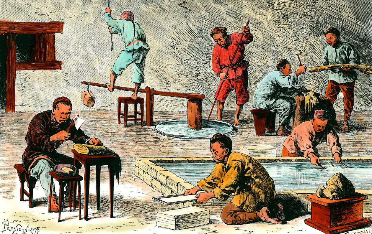 Produkcja papieru w Chinach: różne etapy produkcji arkuszy papieru z kory. Rysunek Iwana Pranishnikoffa (1841-1909). XIX-wieczna kolekcja prywatna autorstwa Ivan Pranishnikoff