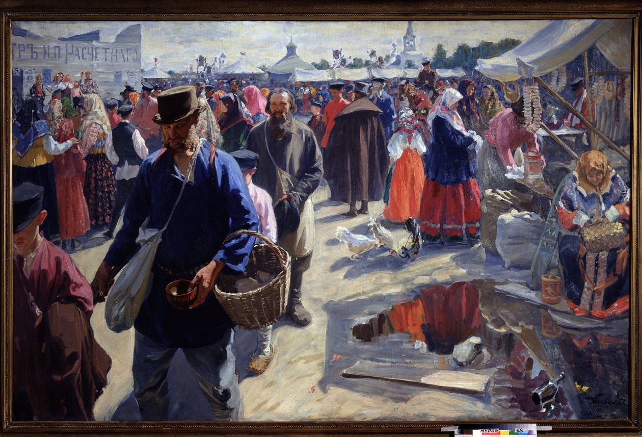 Targi (Targi). Scena targowa w rosyjskim prowincjonalnym miasteczku, w tradycyjnej atmosferze, z chłopami i sprzedawcami. Obraz Ivan Semyonovich Kulikov (Koulikov) (1875-1941), olej na płótnie autorstwa Ivan Semyonovich Kulikov