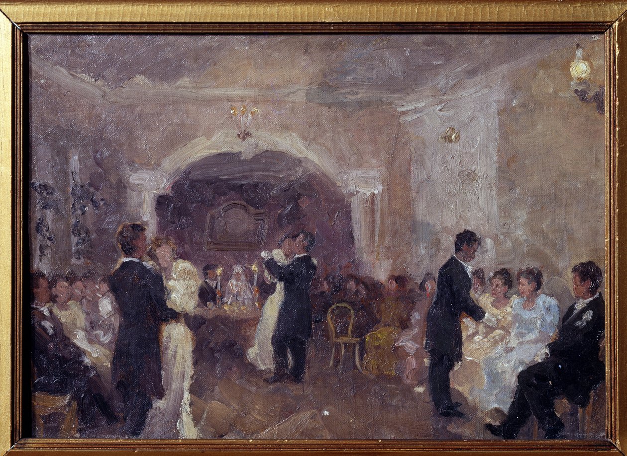 Bal Kupiecki. Pary tańczą, młode dziewczyny ubrane na biało siedzą czekając na zaproszenie do tańca. Obraz Ivan Semyonovich Kulikov (Koulikov) (1875-1941), olej na płótnie autorstwa Ivan Semyonovich Kulikov