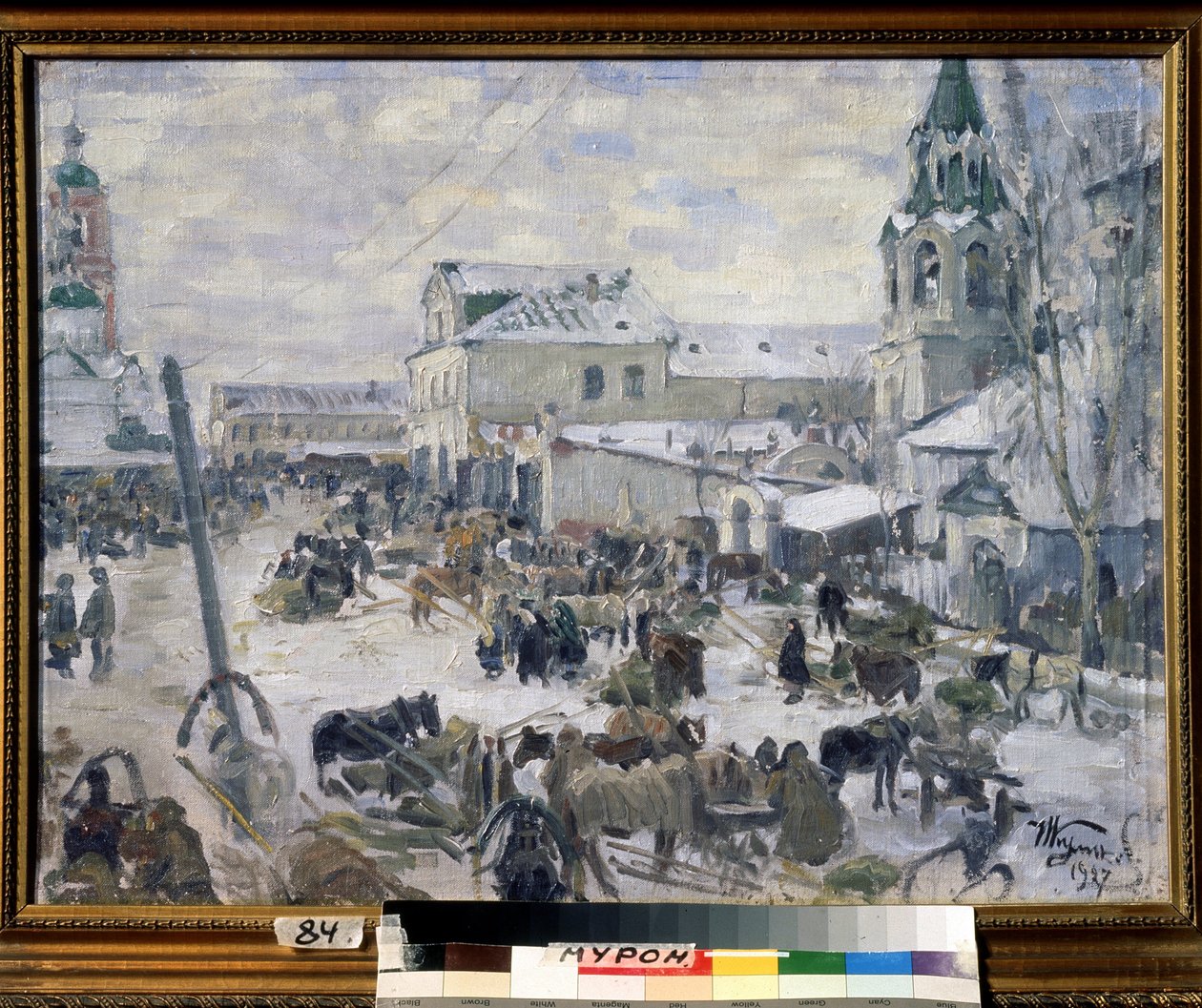 Kościół w Muromie (Rosja). (Kościół w Murom). Opis ulicy miejskiej, pod śniegiem, z codzienną rozrywką, powozami konnymi. Obraz Ivan Semyonovich Kulikov (Koulikov) (1875-1941), olej na płótnie autorstwa Ivan Semyonovich Kulikov