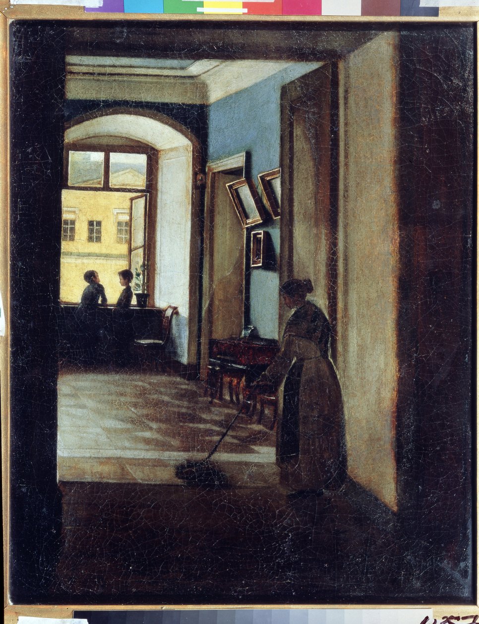 ""Widok wnętrza"" Służący mija mopa w cieniu korytarza (szkoły?). Obraz Iwana Trofimowicza Durnowa (1801-1847) Państwowe Muzeum Sztuki Republiki Tatarstan, Kazań autorstwa Ivan Trofimovich Durnov
