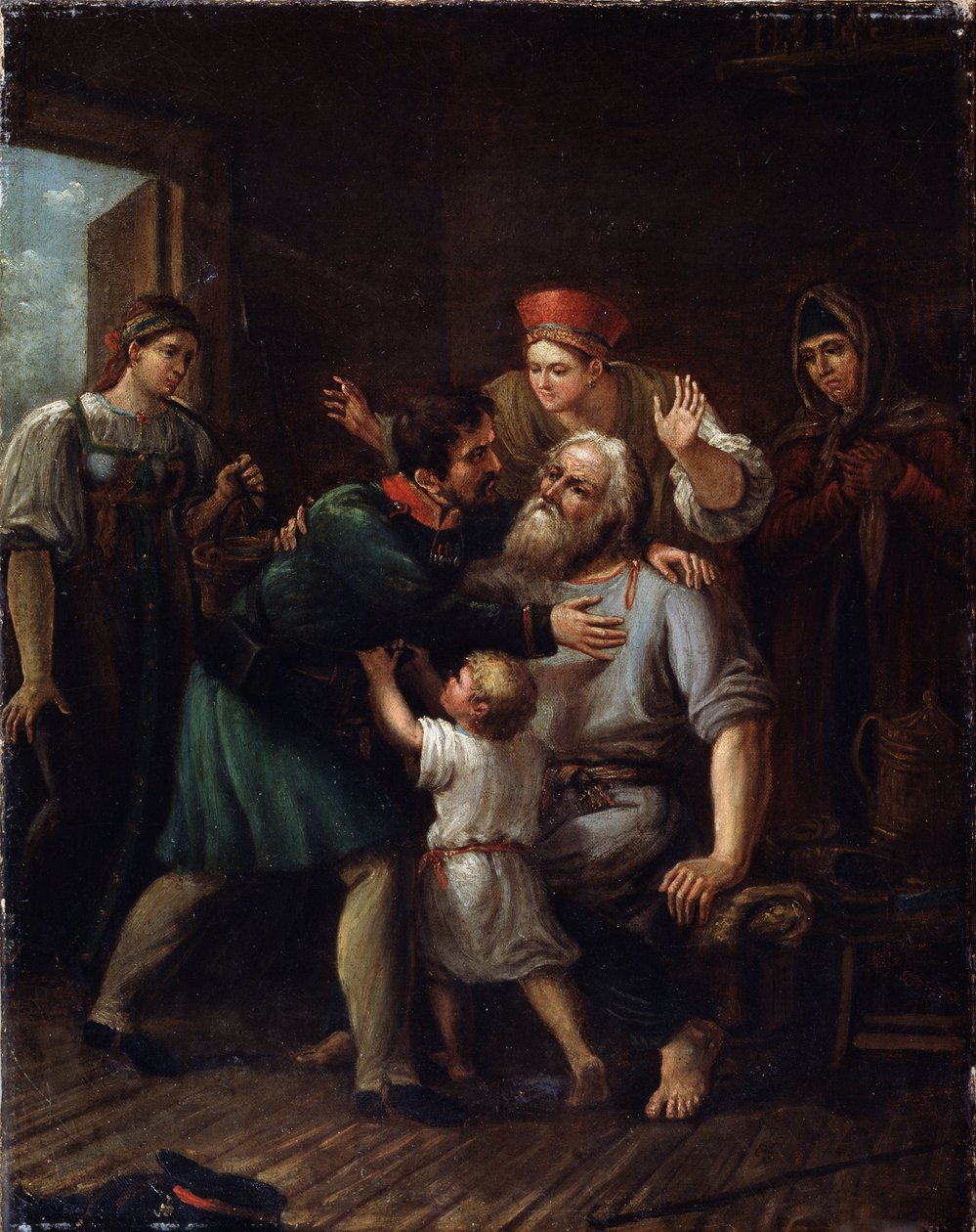 Powrót wojownika (Wojownik powracający do domu). Żołnierz wraca do domu i rzuca się w ramiona swojego starego ojca. Cała rodzina wyraża radość i ulgę widząc go żywego. Obraz Iwana Wasiljewicza Łuchaninowa (1781-1824), olej na t autorstwa Ivan Vasilyevich Luchaninov