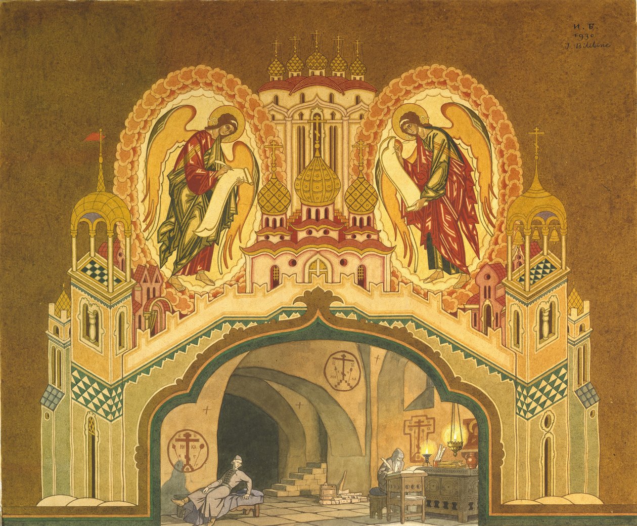 Klasztor Czudowski. Scenografia do opery Borys Godunow M. Musorgskiego, 1930 autorstwa Ivan Yakovlevich Bilibin