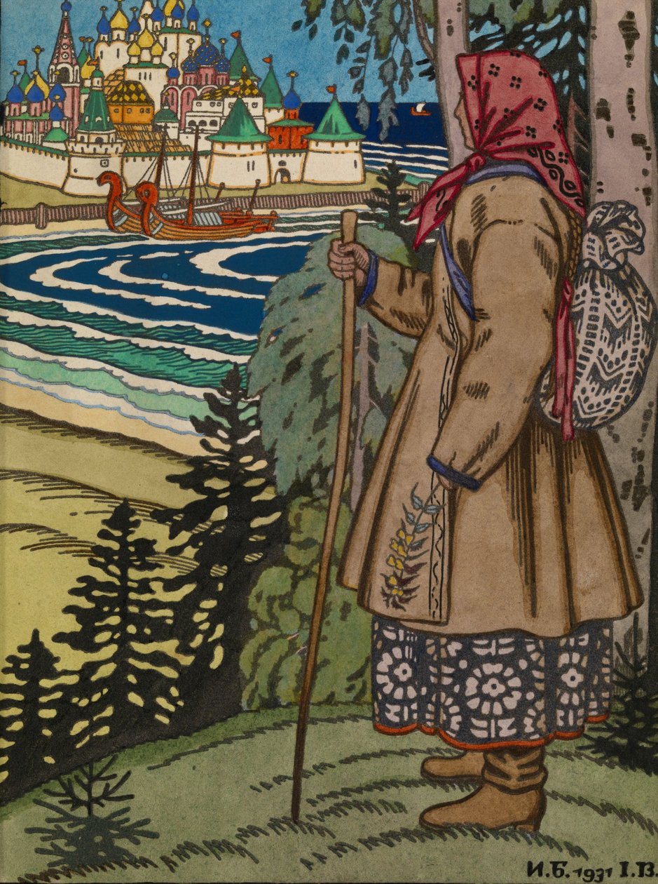 Chłop dziewczyna. Ilustracja do książki Contes de lIsba, 1931 autorstwa Ivan Yakovlevich Bilibin