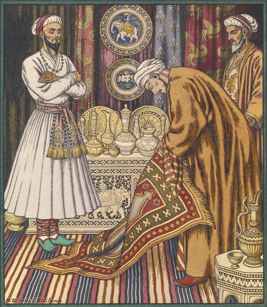 Książę Ali kupuje dywan. Ilustracja do baśni arabskich autorstwa Ivan Yakovlevich Bilibin