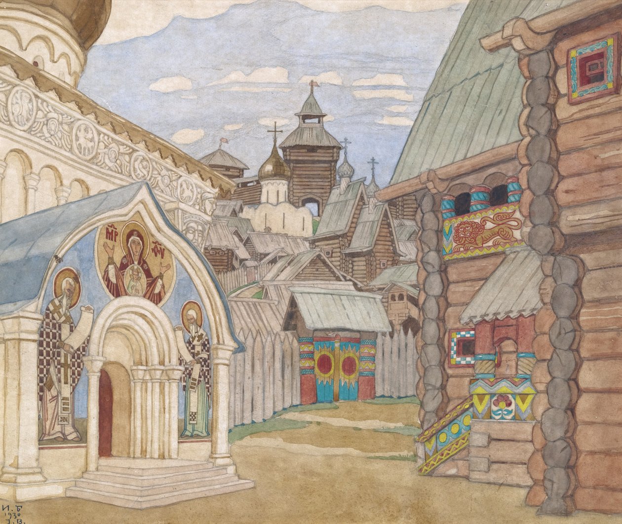 Wioska Rosyjska. Scenografia do opery Opowieść o carze Saltanie N. Rimskiego-Korsakowa autorstwa Ivan Yakovlevich Bilibin