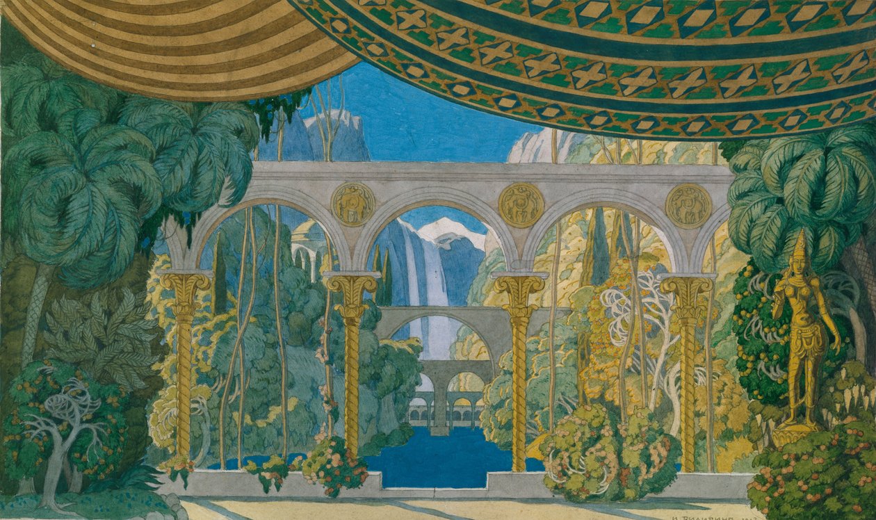Ogrody Czernomoru. Scenografia do opery Rusłan i Ludmiła M. Glinki, 1913 autorstwa Ivan Yakovlevich Bilibin
