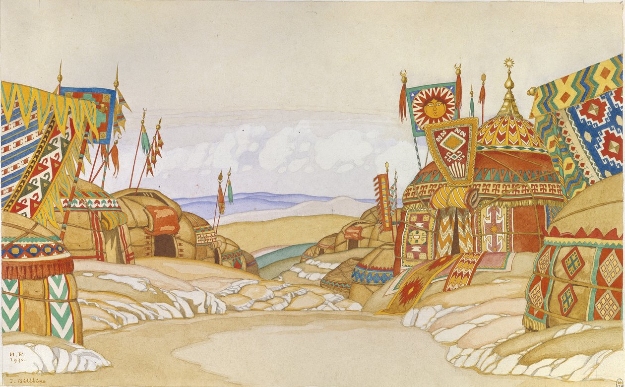 Obóz Połowców. Scenografia do opery Książę Igor A. Borodina, 1930 autorstwa Ivan Yakovlevich Bilibin