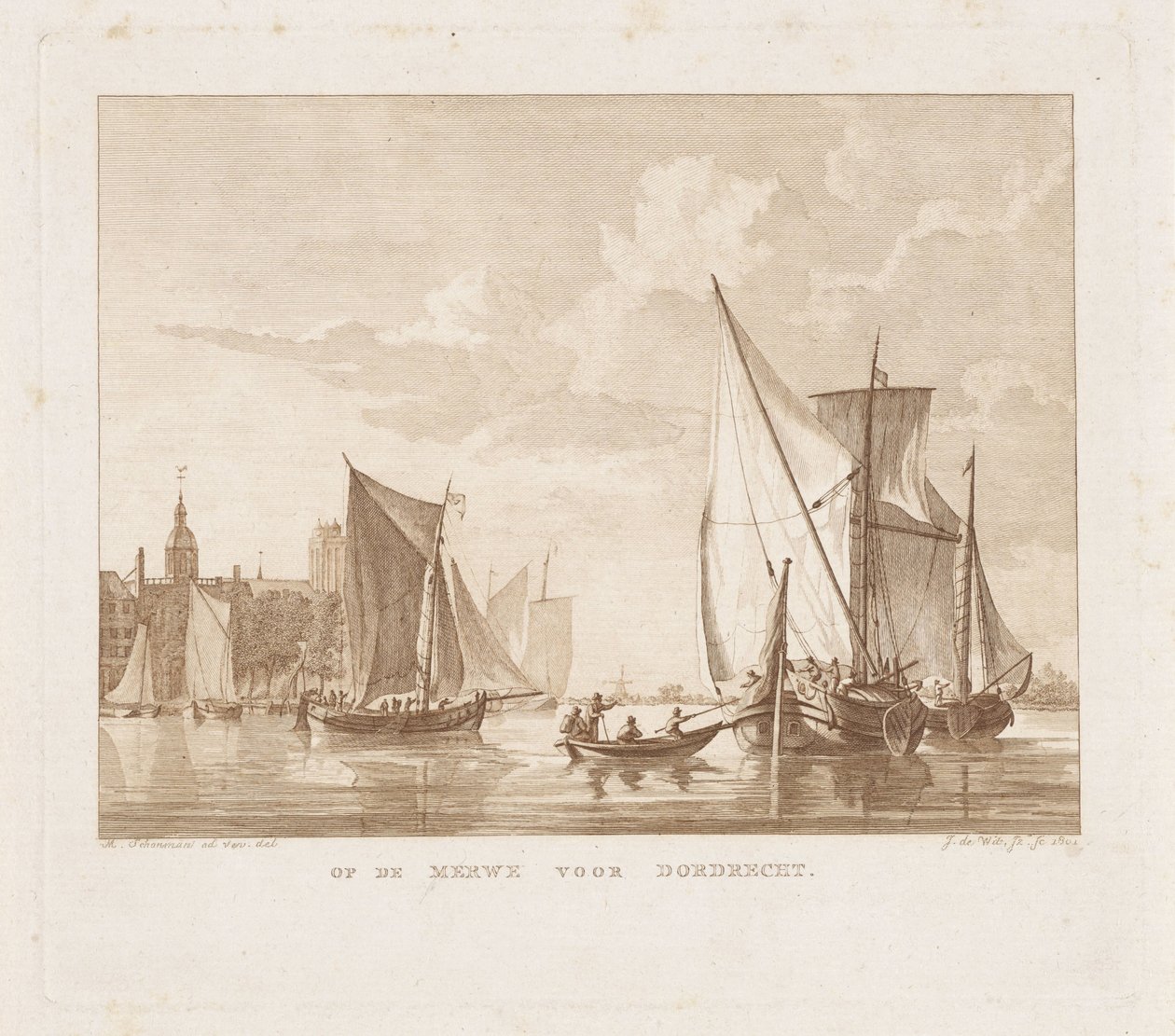 Żaglowce i slup dla Dordrecht Na Merwe przed Dordrecht (tytuł na obiekcie) autorstwa Izaak Jansz. de Wit