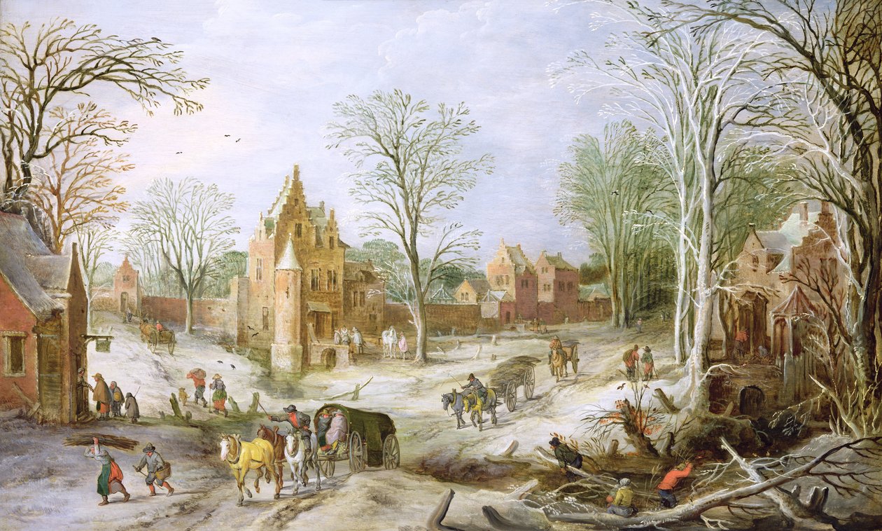 Zalesiony zimowy pejzaż z wózkiem (panel) autorstwa J. and Momper, J. de Brueghel