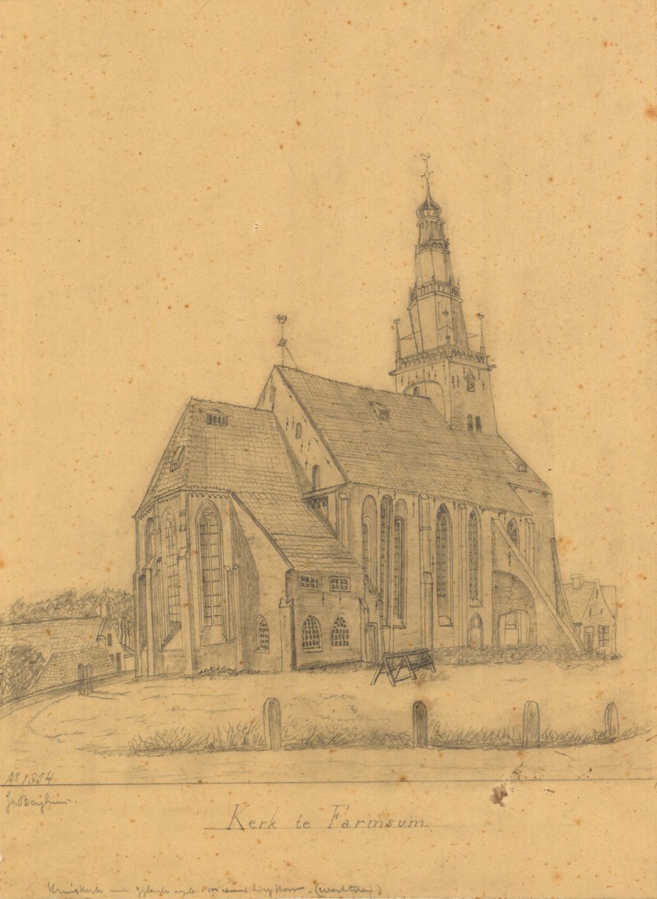 Rysunek starego kościoła w Farmsum przed rozbiórką wieży w 1855 (i kościoła w 1869) autorstwa J. Berghuis