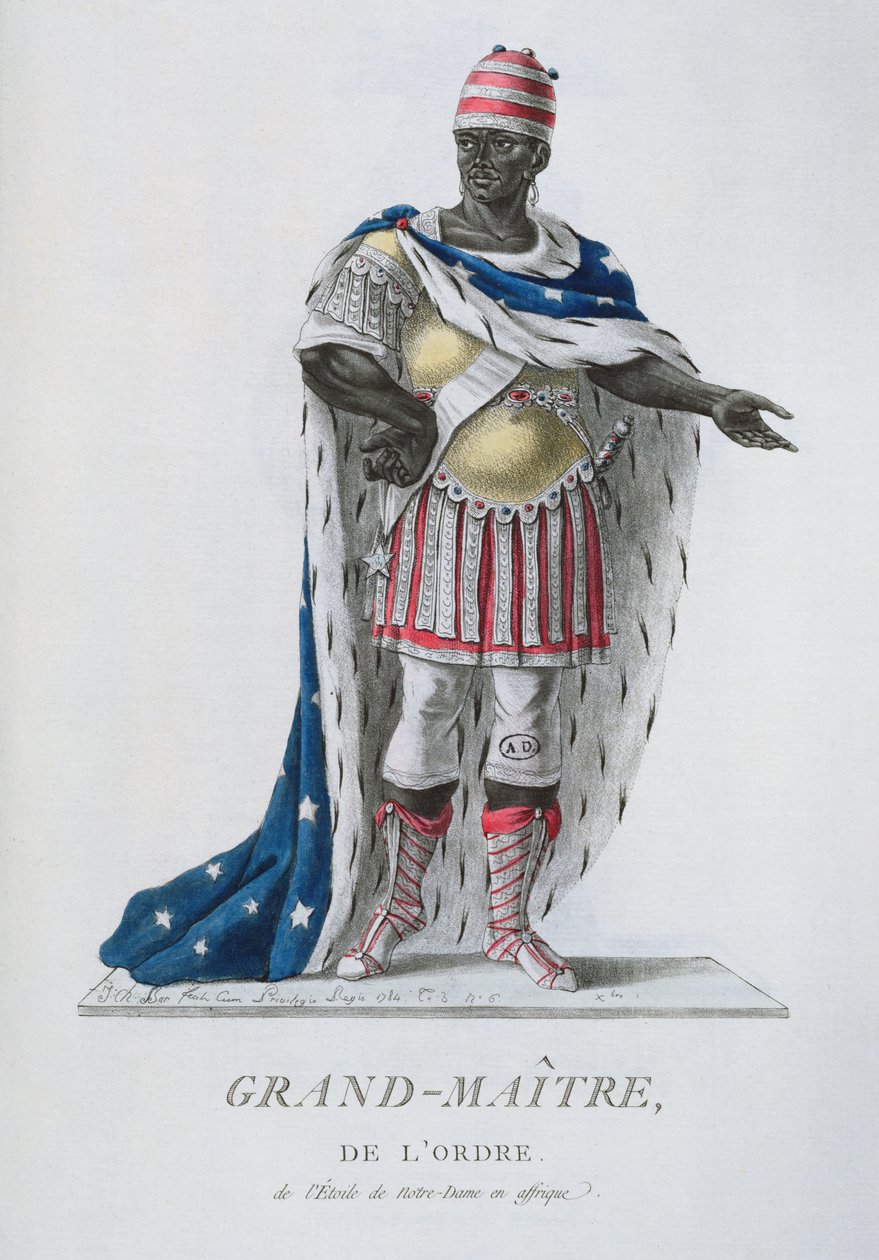 Wielki Mistrz Orderu Gwiazdy Notre-Dame, w ceremonialnym stroju afrykańskim, z „Recueil de Tous Les Costumes des Orders Religieux et Militaires”, opublikowany w 1785 r. autorstwa J. C. Bar