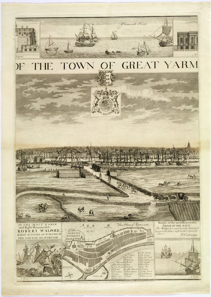 Zachodnia perspektywa miasta Great Yarmouth w Norfolk, grawerowana przez Johna Harrisa (fl.1686-1740) (patrz także 241066,241068) autorstwa J. Corbridge