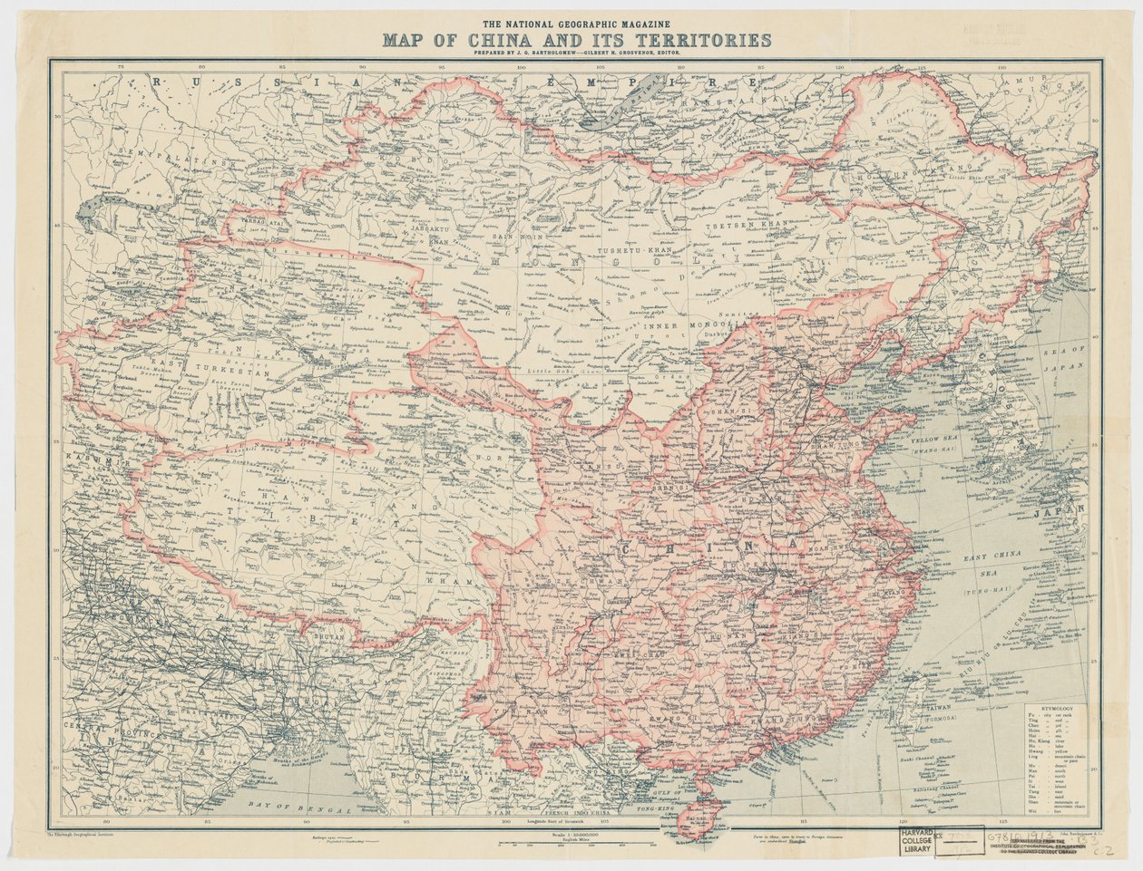 Mapa Chin i ich terytoriów magazynu National Geographic autorstwa J. G. Bartholomew