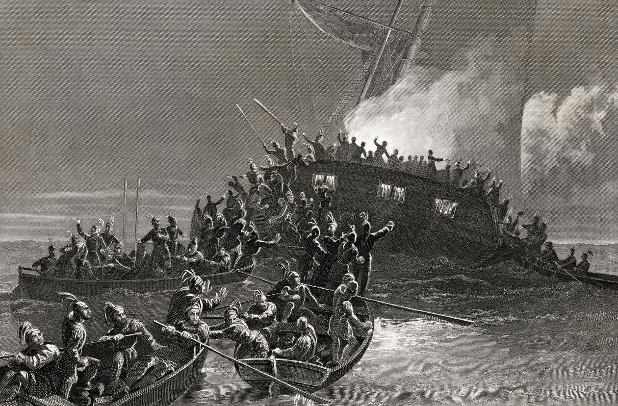 Zniszczenie szkunera Gaspe na wodach Rhode Island, 1772, ryty J. Rogers autorstwa J. McNevin