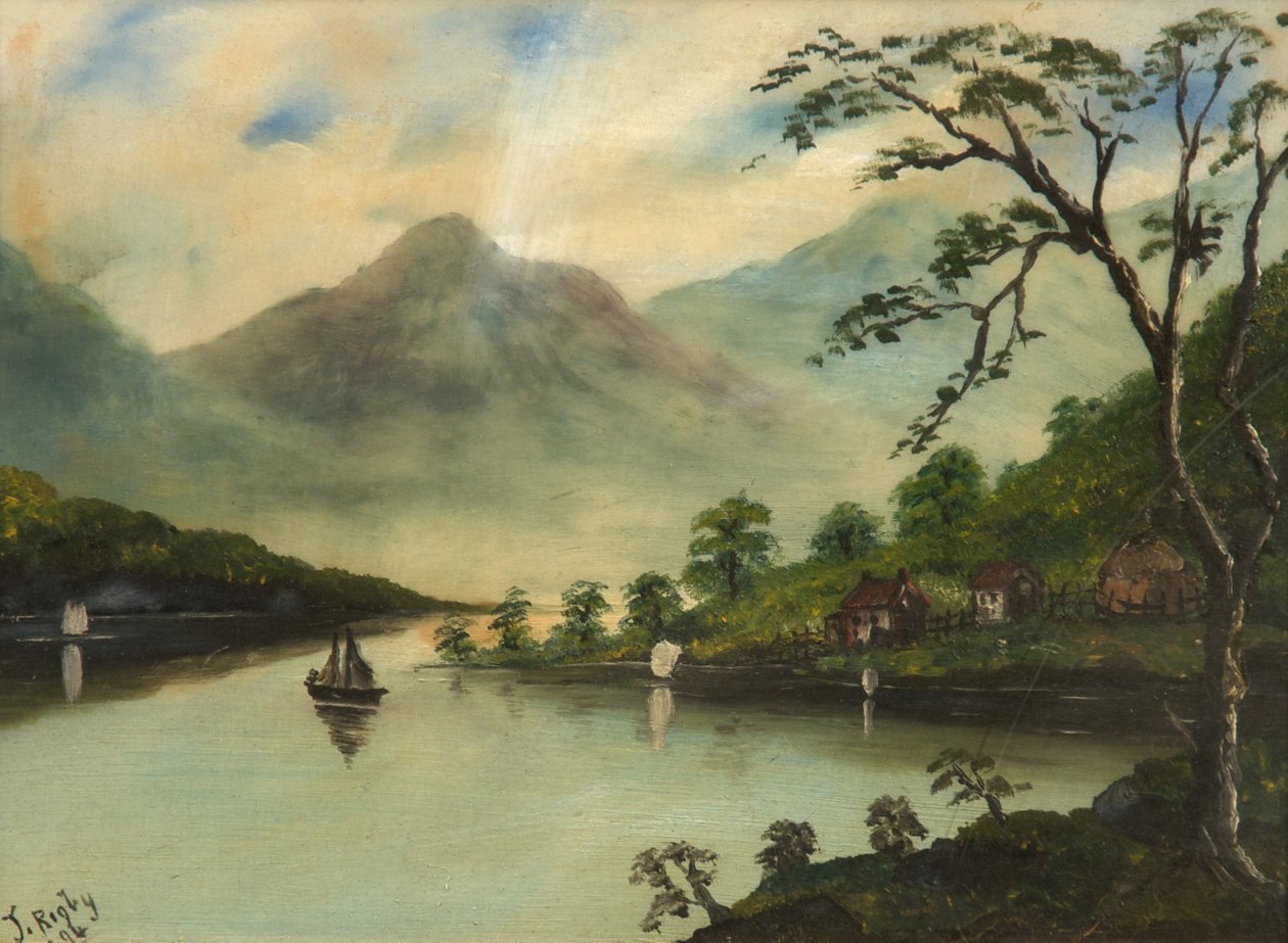 Krajobraz z jeziorem, górami i żaglówką, 1894 (olej na szkle) autorstwa J. Rigby