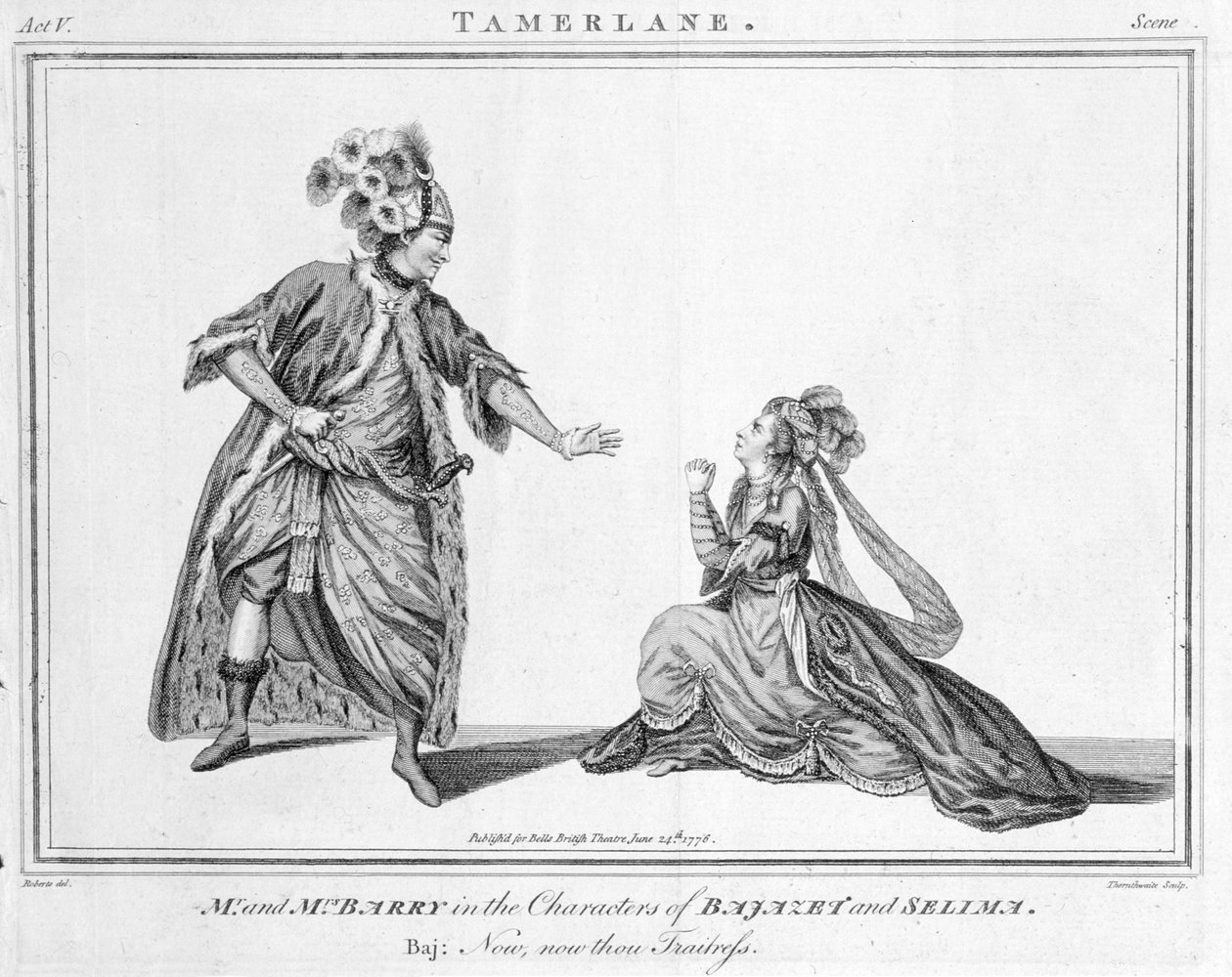 „Teraz, teraz zdrajczyni”, scena z Tamerlana Nicholasa Rowe, 1776 autorstwa J. Roberts