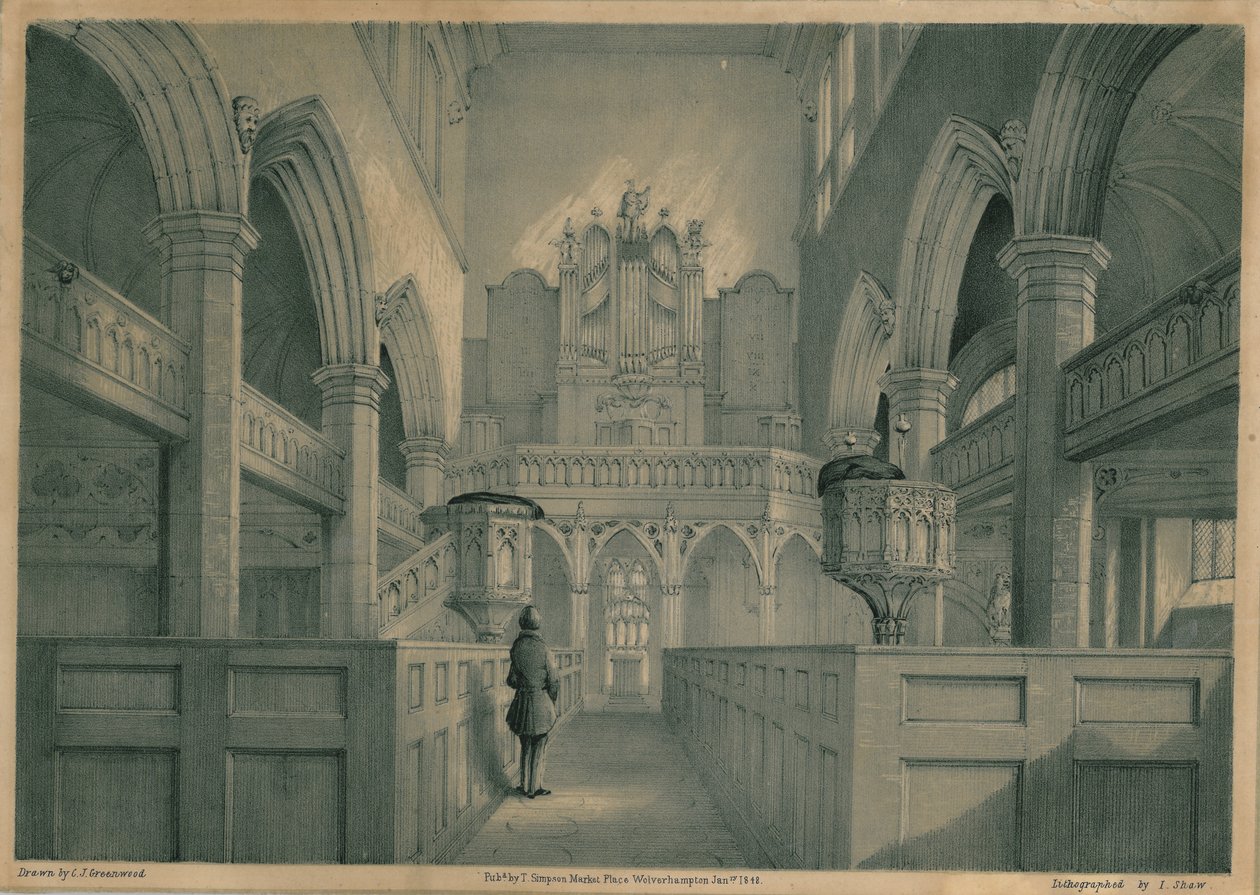 Widok wnętrza kościoła św. Piotra, Wolverhampton, 1848 r. autorstwa J. Show