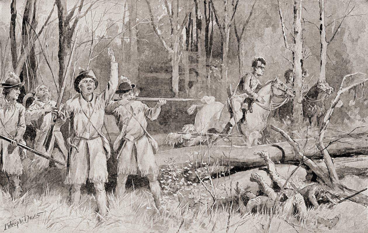 Bitwa pod Fallen Timbers, 20 sierpnia 1794, ostatnia bitwa wojny z północno-zachodnimi Indiami, z Historii naszego kraju, opublikowanej 1905 autorstwa J. Steeple Davis