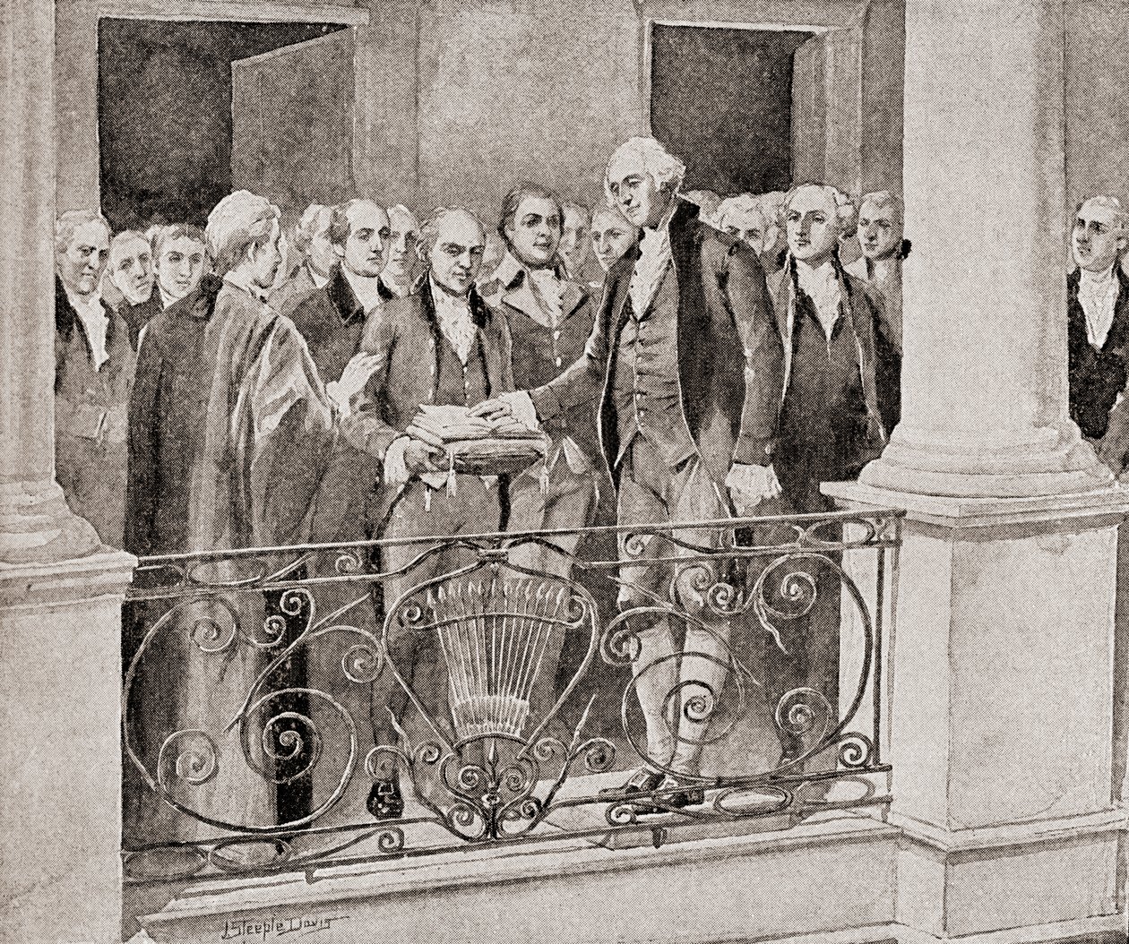 Pierwsza inauguracja Jerzego Waszyngtona, 30 kwietnia 1789, z Historii naszego kraju, opublikowanej 1905 autorstwa J. Steeple Davis