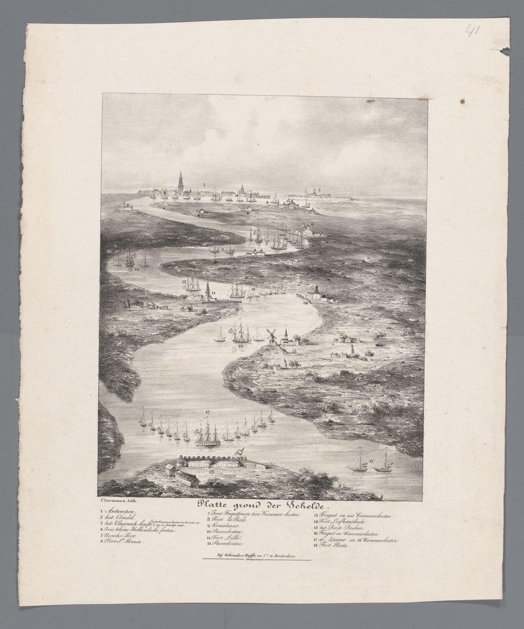 Spacer po Skaldzie od Fort Bath do Antwerpii, 1832 r Mapa Skaldy (tytuł na obiekcie) autorstwa J.B. Clermans