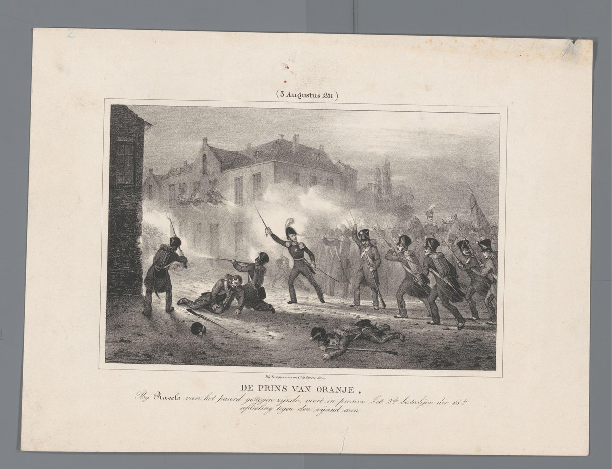 Książę Orange przewodzi oddziałom w Ravels, 1831 Książę Orański, wstając z konia w Ravels, osobiście prowadzi 2. Batalion 18. Dywizji przeciwko wrogowi / (3 sierpnia 1831) (tytuł na obiekcie) Siedem rekordów bitew autorstwa J.B. Clermans