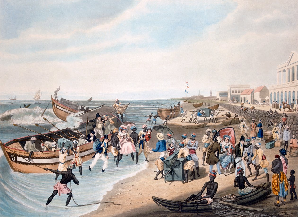 Madras Landing, ryt. C. Hunt, wyd. Ackermann und Co., 1856 (akwatinta) autorstwa J.B. East