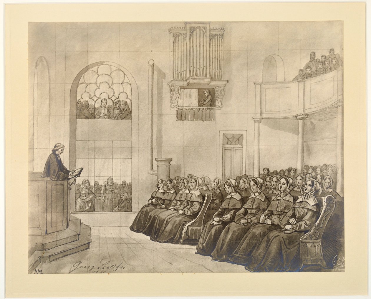 Diaconissen-Kirche, pastor Fliedner wygłasza kazanie do diakonis w kaplicy w Kaiserswerth, 1840 autorstwa J.B. Sonderland