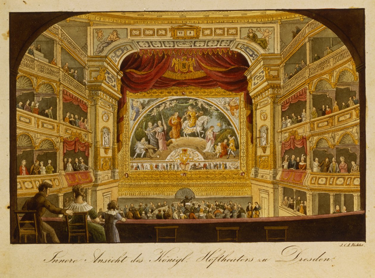 Wnętrze teatru królewskiego w Dreźnie, ok.1845 r. (rycina ręcznie kolorowana) autorstwa J.C.A. Richter