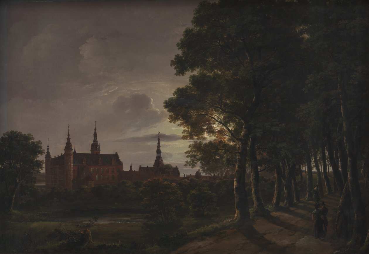Zamek Frederiksborg przy świetle księżyca autorstwa Johan Christian Dahl