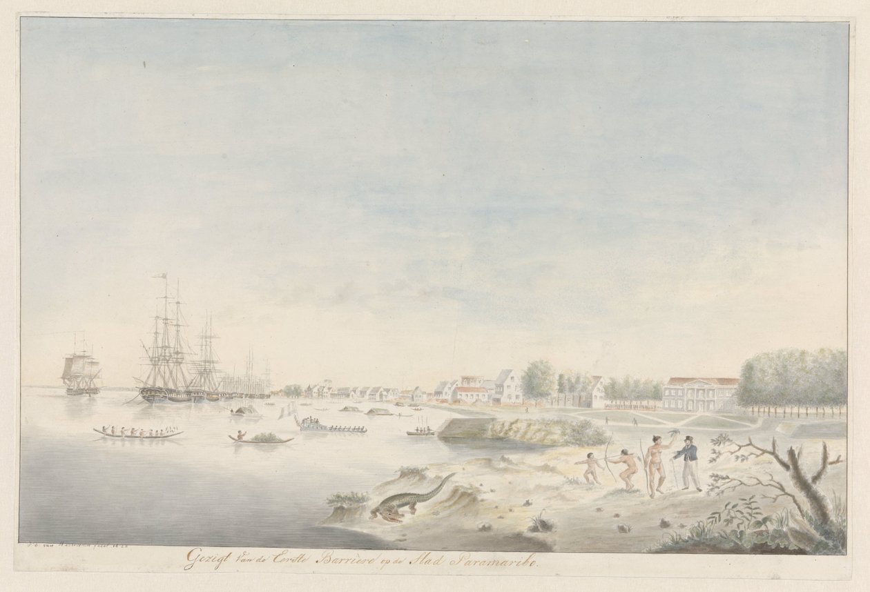 Nabrzeże Paramaribo wkrótce po pożarze w 1821 r. autorstwa J.D. van Herwaarden (signed by artist)