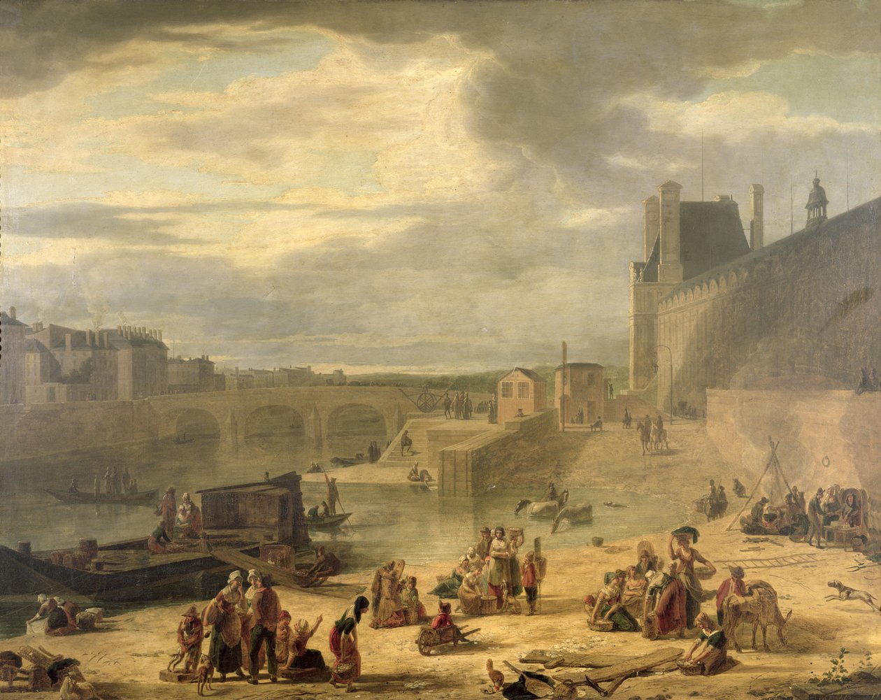 Widok na Wielką Galerię Luwru, Tuileries i Pont Royal, c.1795 autorstwa J.F. De Pelchin