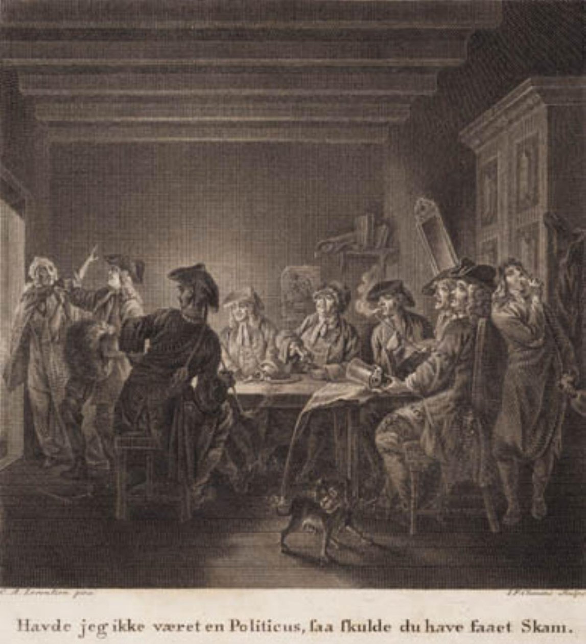 Polityczny dzban. „Gdybym nie był politykiem, powinieneś się wstydzić”. Grawerowanie wg Lorentzens Holberg Gallery. autorstwa J.F. Clemens