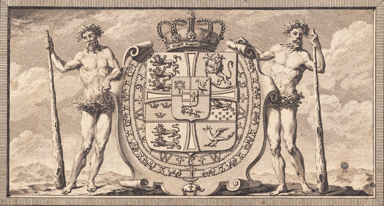 Herb Danii z dzikusami jako posiadaczami tarczy autorstwa J.F. Clemens