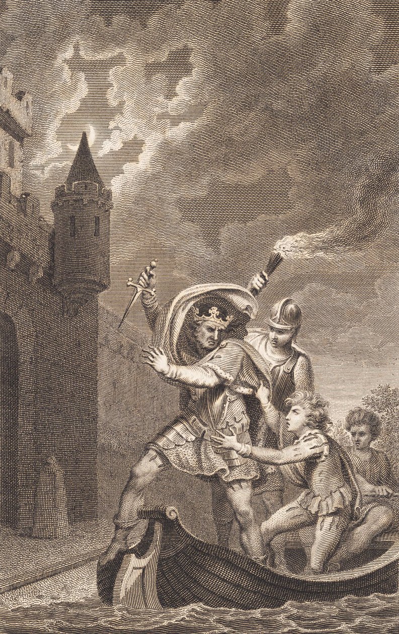 Ilustracja. Król z podniesionym sztyletem i trzema osobami w łodzi autorstwa J.F. Clemens