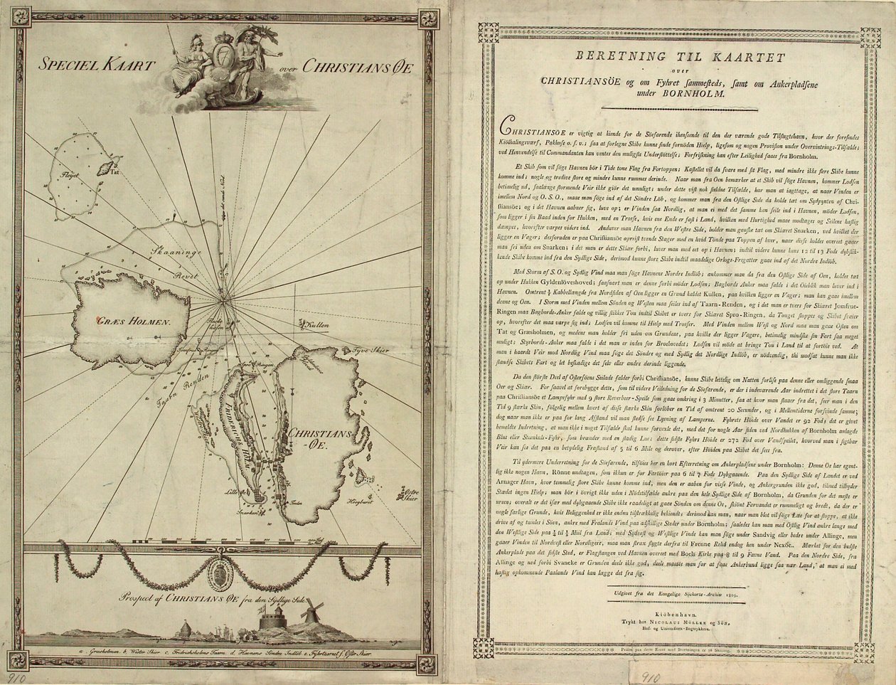 Mapa Christiansø ze stroną tekstową autorstwa J.F. Clemens