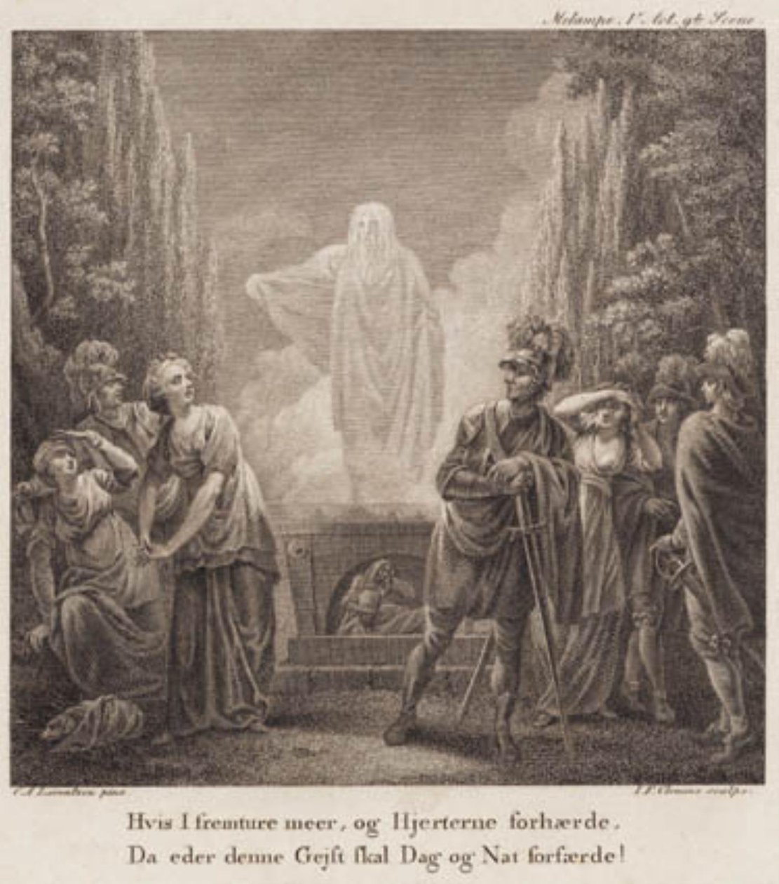 Melampa. Jeśli pójdziesz dalej naprzód i zatwardzisz swoje serca, kiedy ten duch będzie cię przerażał dniem i nocą? Grawerowanie wg Llorentzens Holberg Galleri. autorstwa J.F. Clemens