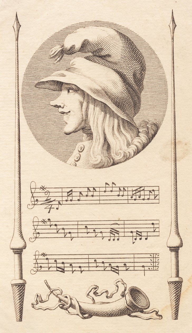 Winieta. Głowa chłopa między dwiema lancami. autorstwa J.F. Clemens